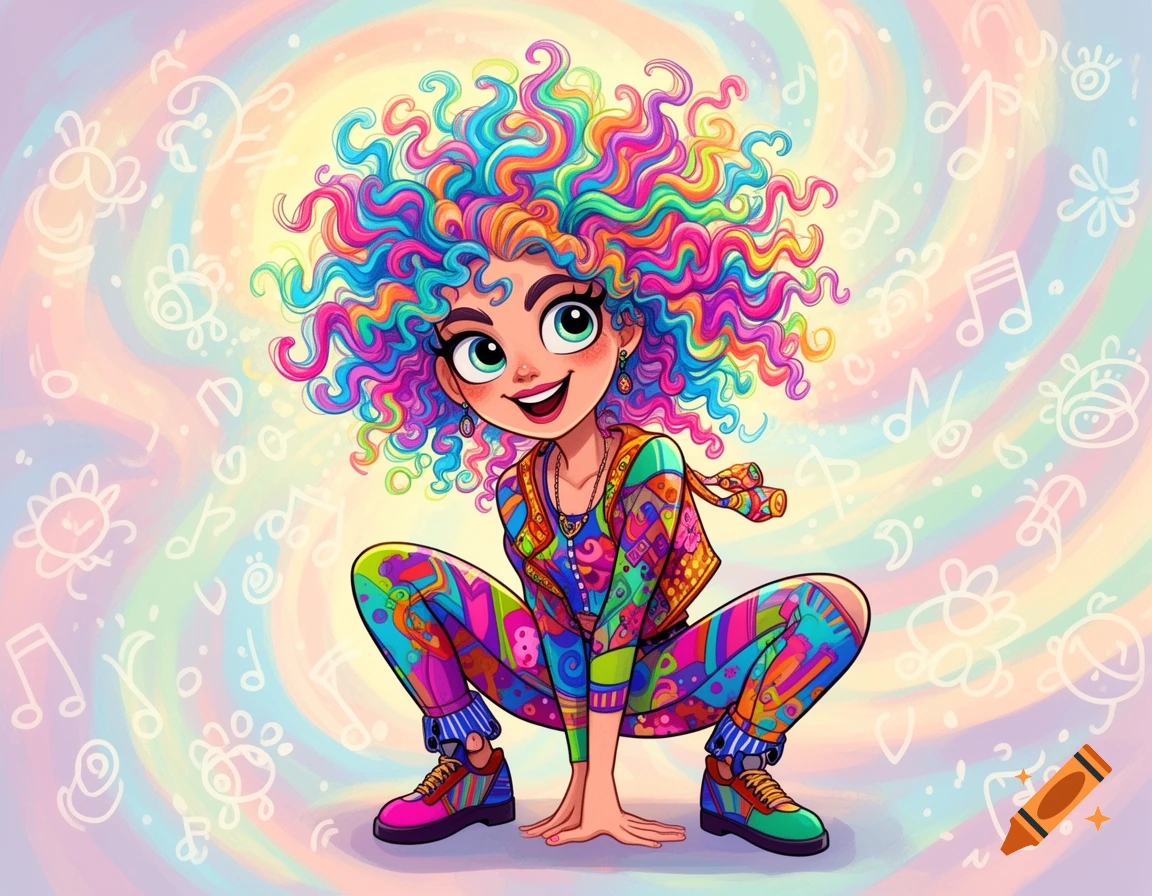 A vibrant cartoon woman with rainbow-colored curly hair and clothes squats, smiling, against a pastel swirled background.