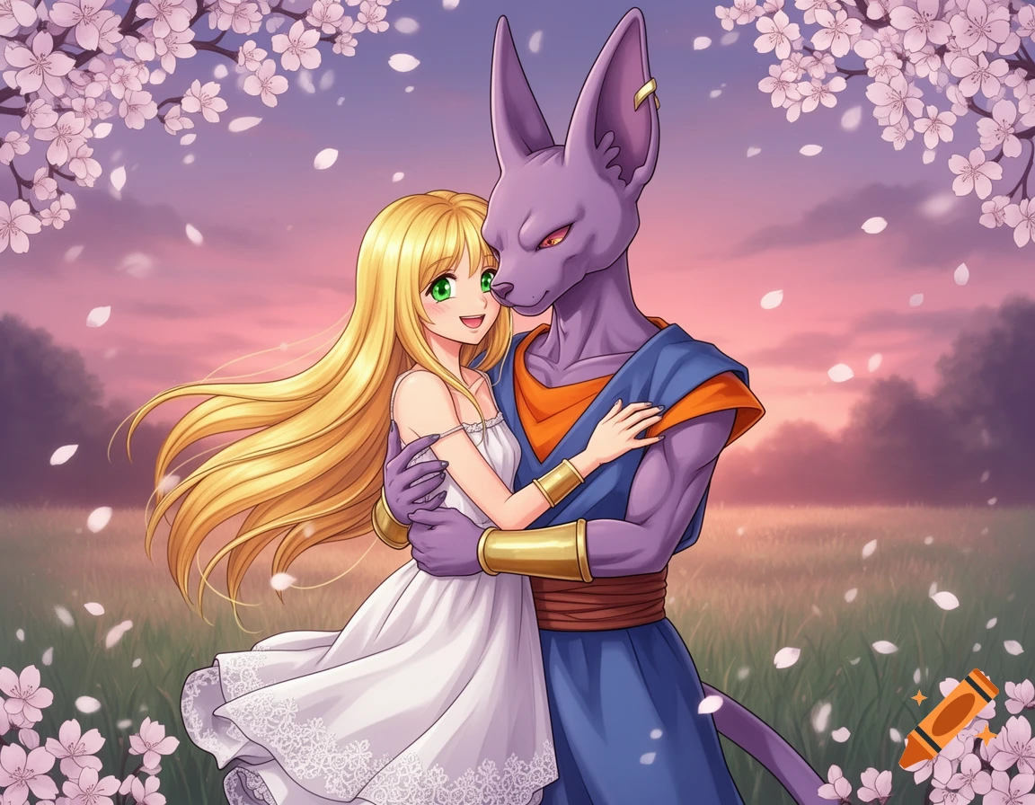 Anime Beerus hugging a smiling blonde girl in a white dress under cherry blossoms at sunset.