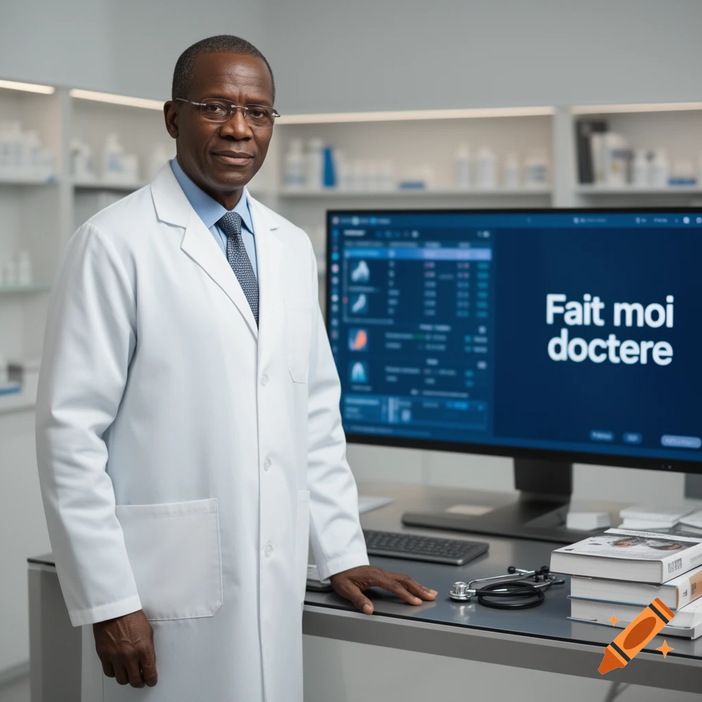 An African American male doctor in a white lab coat and glasses stands in an office with a computer, stethoscope, and books.