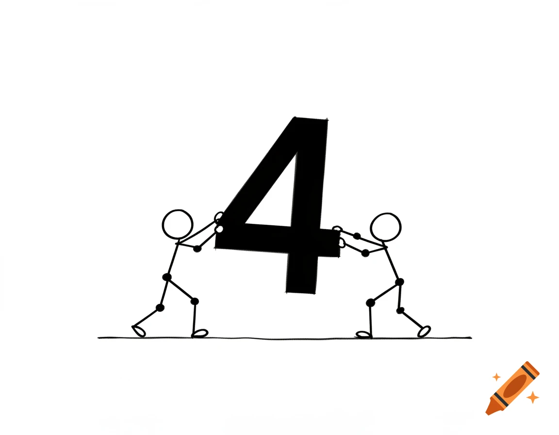 Two black stick figures pushing and lifting a giant black number 4 to stand upright on a white background.