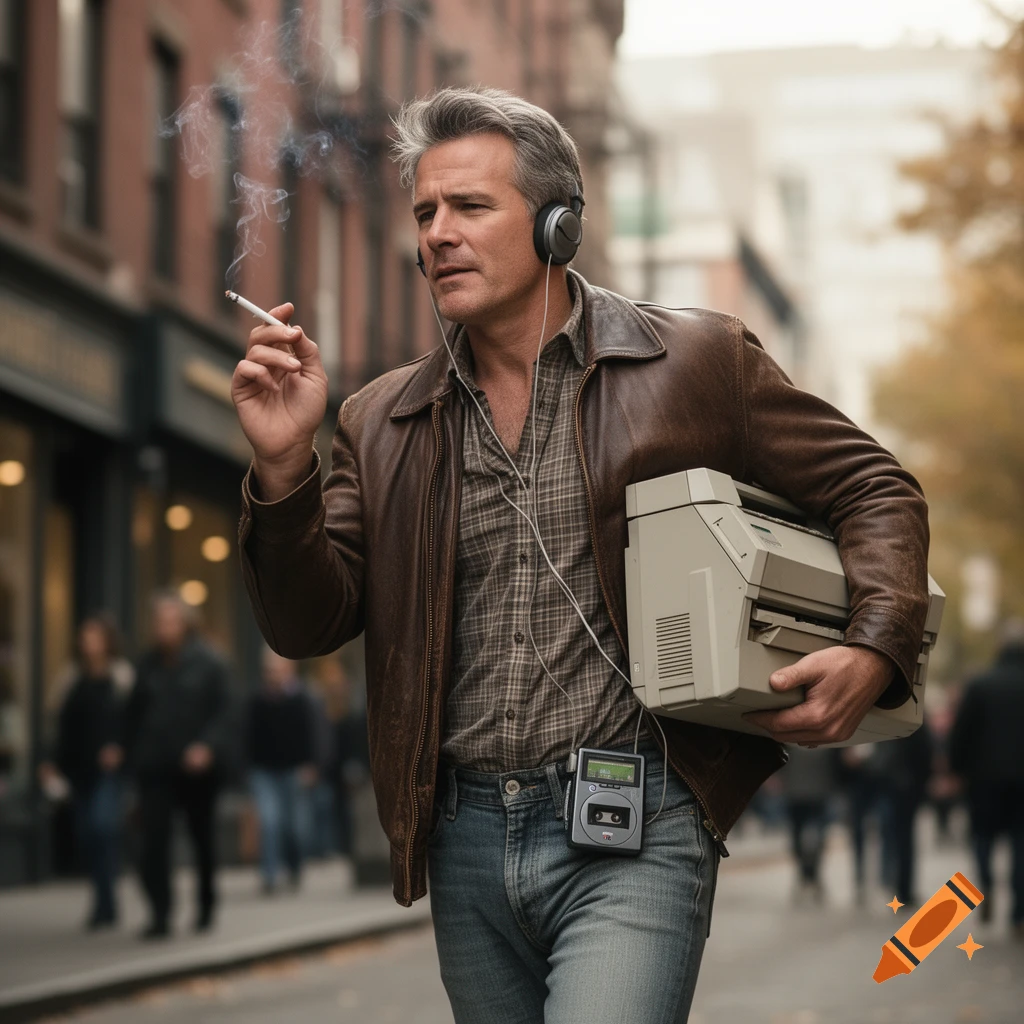 A grey-haired man in a brown leather jacket smokes a cigarette, listens to a Walkman, and carries a portable printer while walking on a city street.