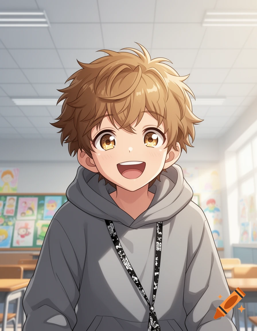 Anime-style boy with light brown hair and a wide smile, wearing a grey hoodie and patterned lanyard, in a bright classroom.