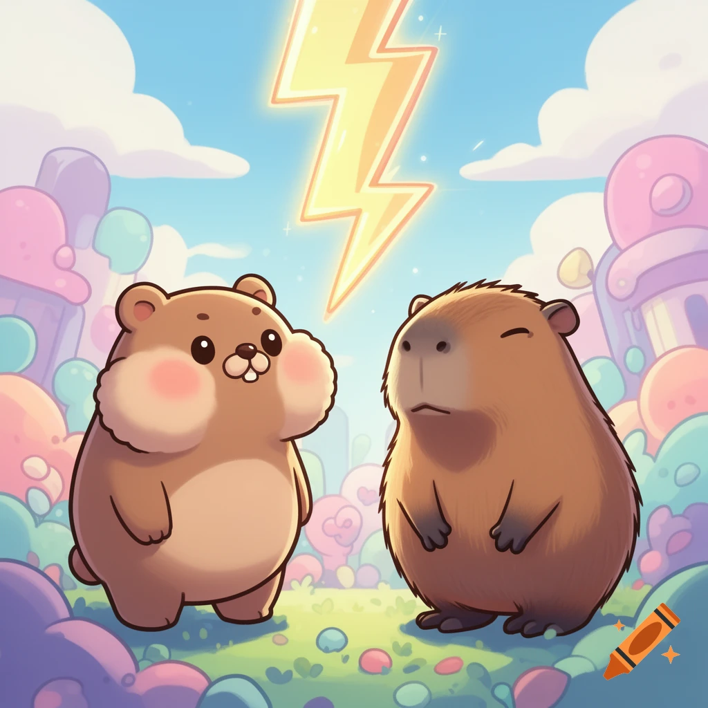 Kawaii cartoon of a cute hamster-like animal and a capybara standing under a glowing lightning bolt in a whimsical, pastel landscape.