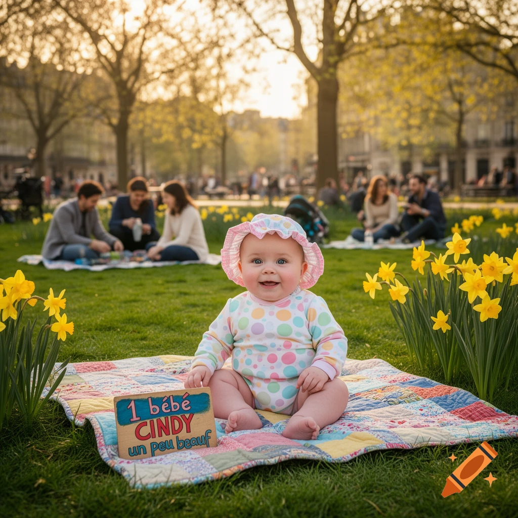 A smiling baby in a polka dot onesie and hat sits on a colorful quilt in a park with daffodils, people picnicking in the background.