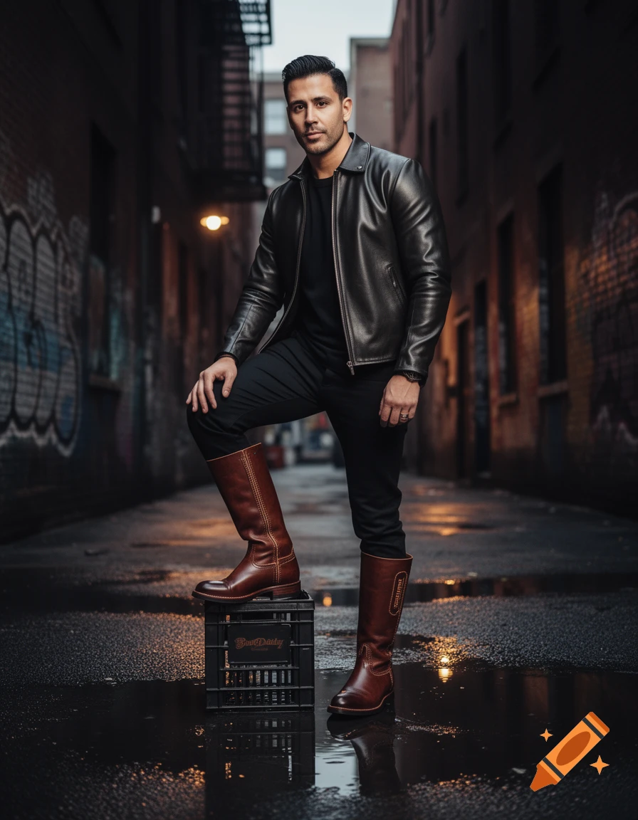 Man in black leather jacket and tall brown boots poses in a dark, wet urban alley with graffiti, foot on a crate labeled 'Boot Daddy'.