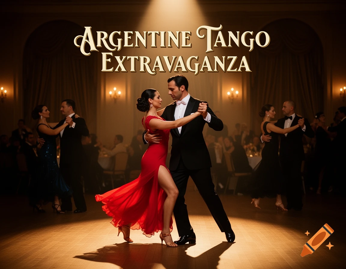 A couple dances Argentine Tango under a spotlight on a ballroom floor, with 'Argentine Tango Extravaganza' text above.
