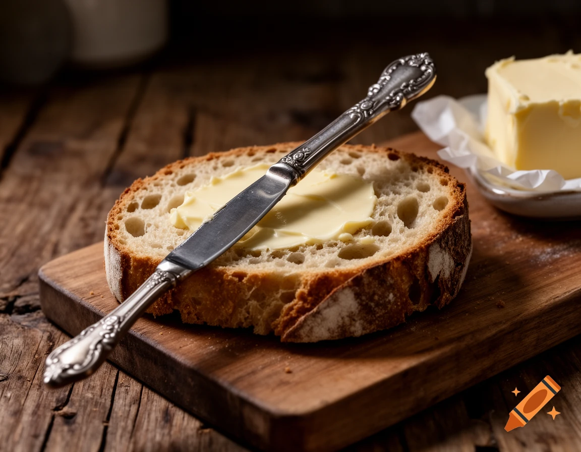 A knife rests on a slice of rustic bread spread with butter, on a wooden board with more butter in the background.