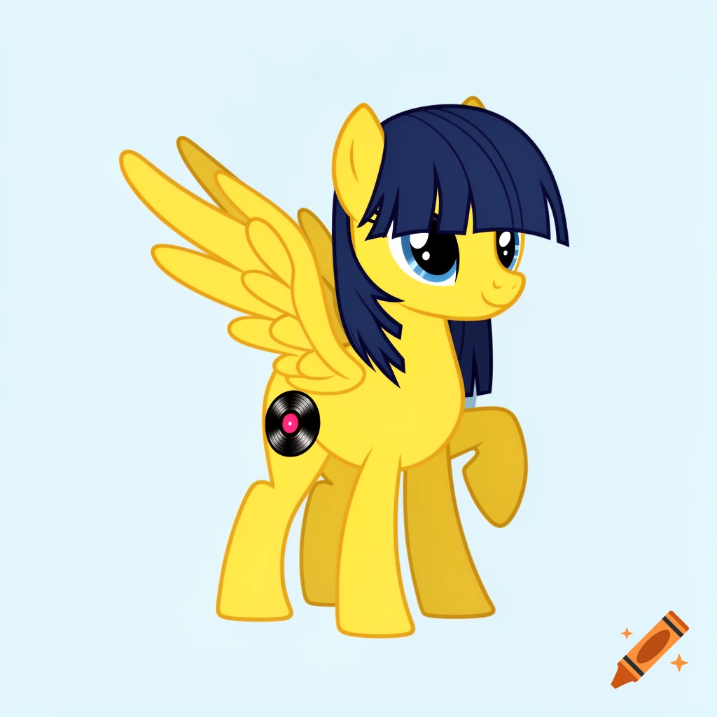 A yellow pegasus pony with dark blue hair and a record cutie mark in 2D vector style.
