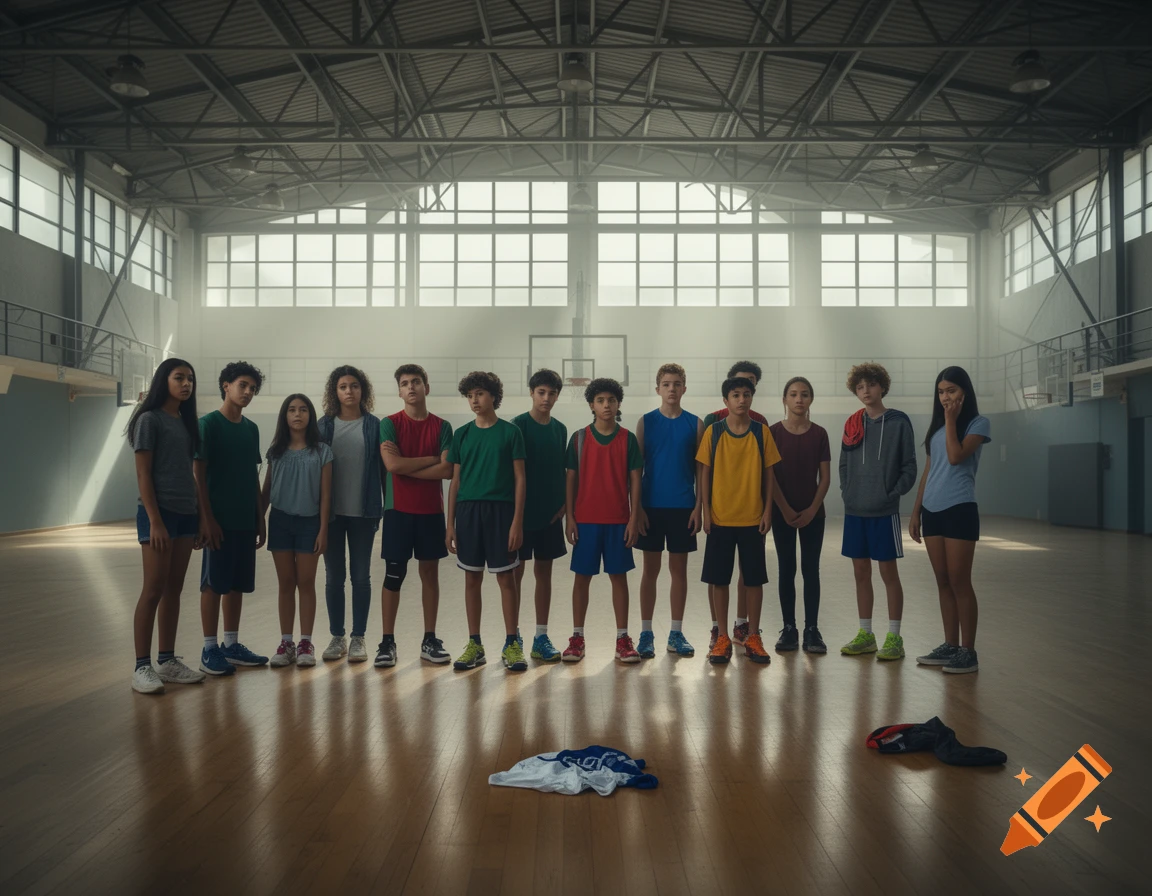 Photorealistic image of diverse teenagers in a school gym, one slightly apart, with a sports shirt on the floor.