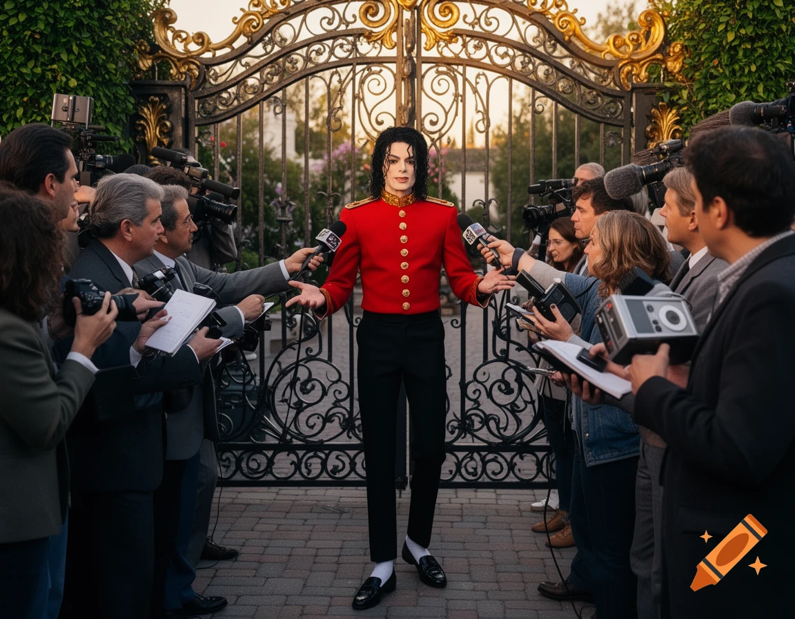 Michael Jackson in a red military jacket is interviewed by journalists outside an ornate gate at Neverland Ranch.