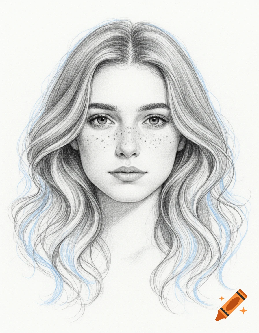 Detailed pencil sketch portrait of a young woman with long, wavy hair, freckles, and subtle blue highlights.
