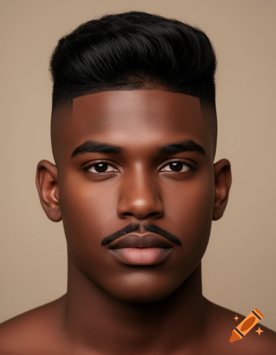 Photorealistic portrait of a young Black man with a low fade haircut and a thin pencil mustache.