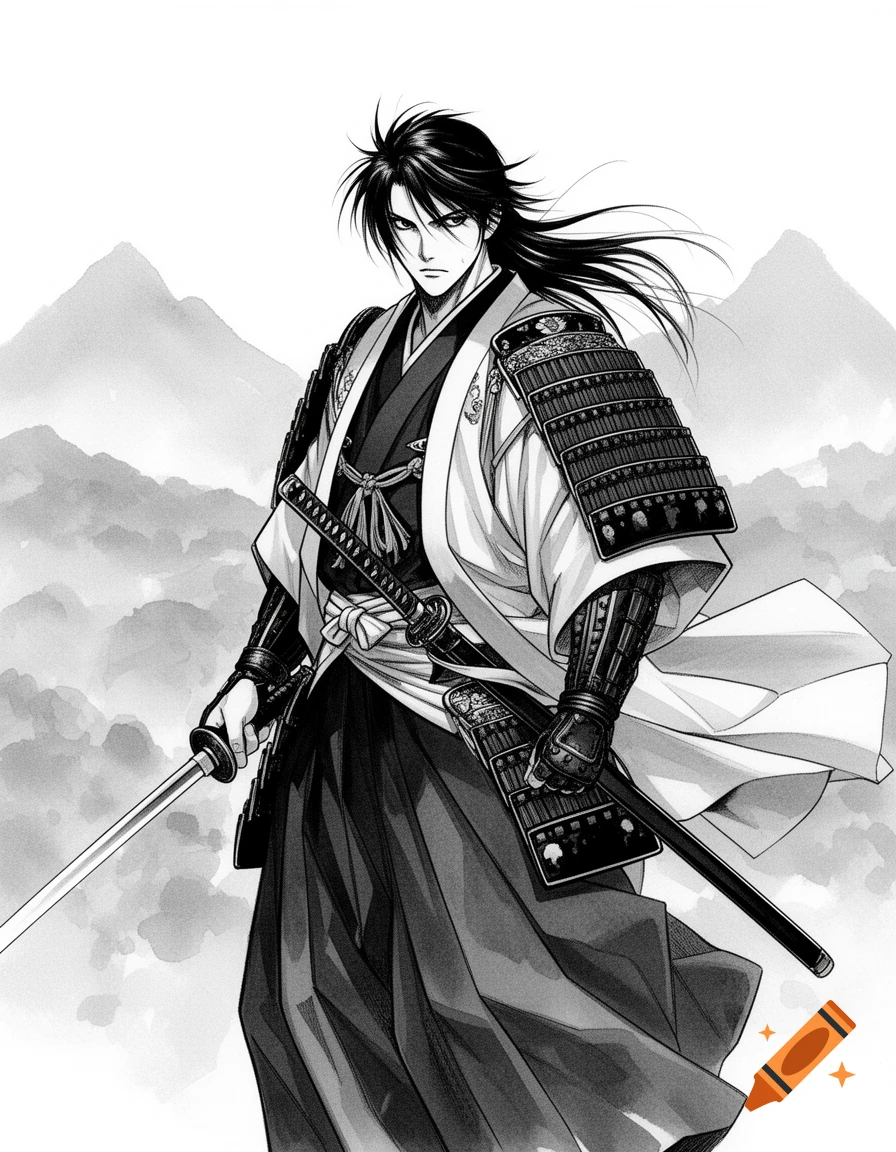 A black and white manga illustration of a samurai in armor with a katana, standing before mountains.