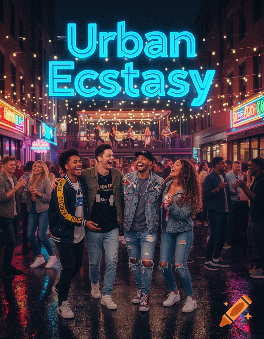 Four happy young adults walk down a wet, neon-lit urban street at night with "Urban Ecstasy" glowing above.