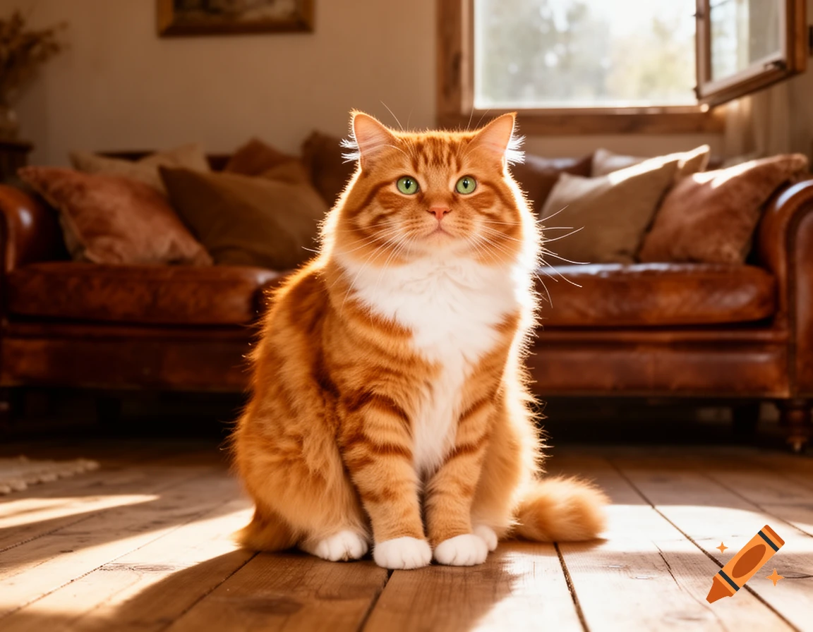 Fluffy orange cat with green eyes sits on a sunlit wooden floor in a ...