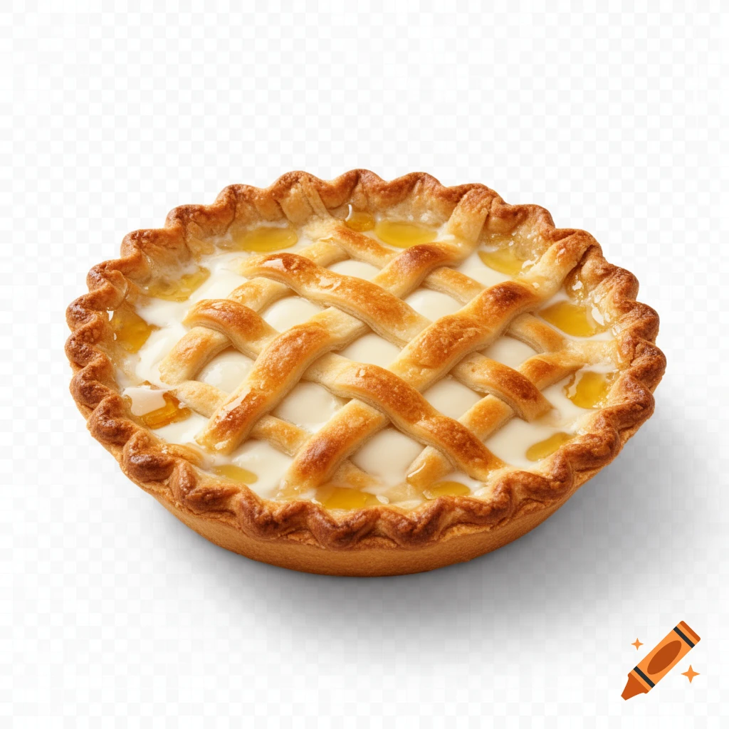 A freshly baked pie with a golden lattice crust and a creamy, light-yellow filling on a transparent background.