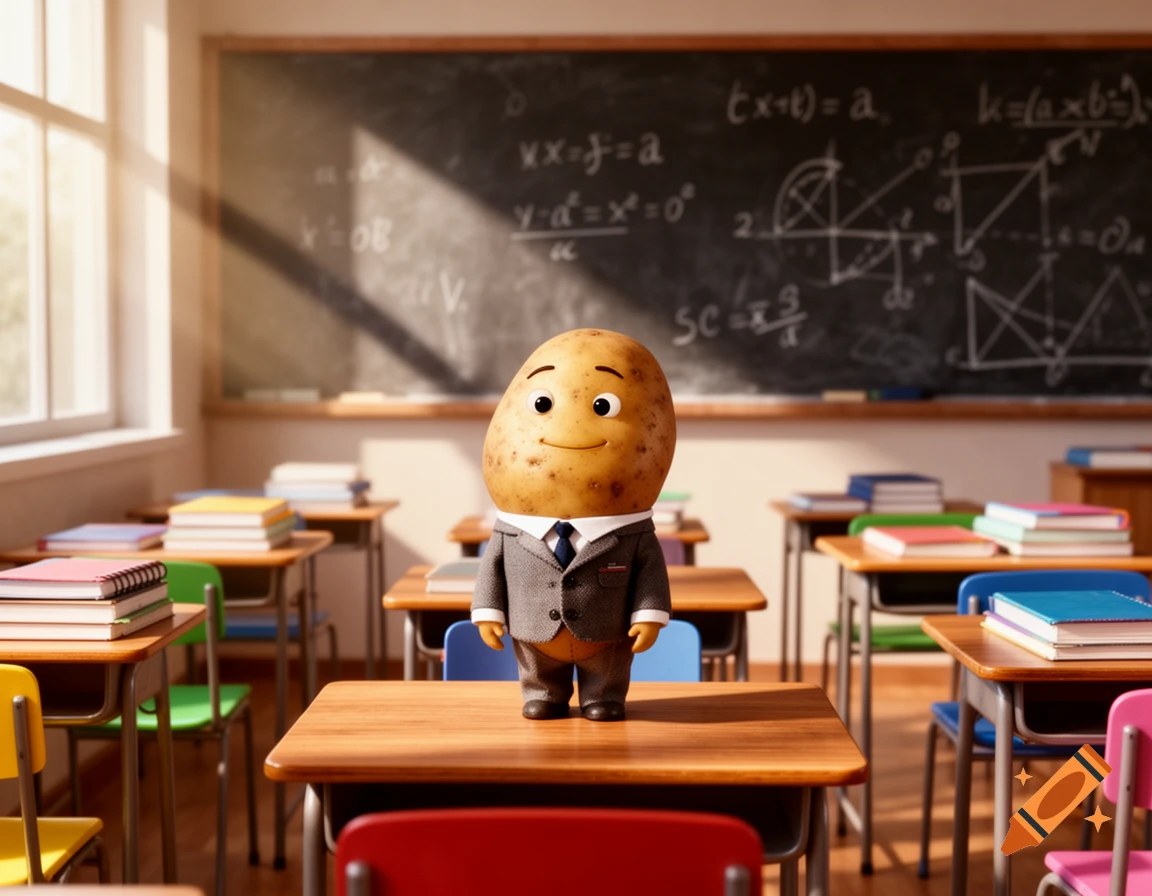 A smiling anthropomorphic potato in a suit stands on a desk in a 3D animated classroom with a blackboard.