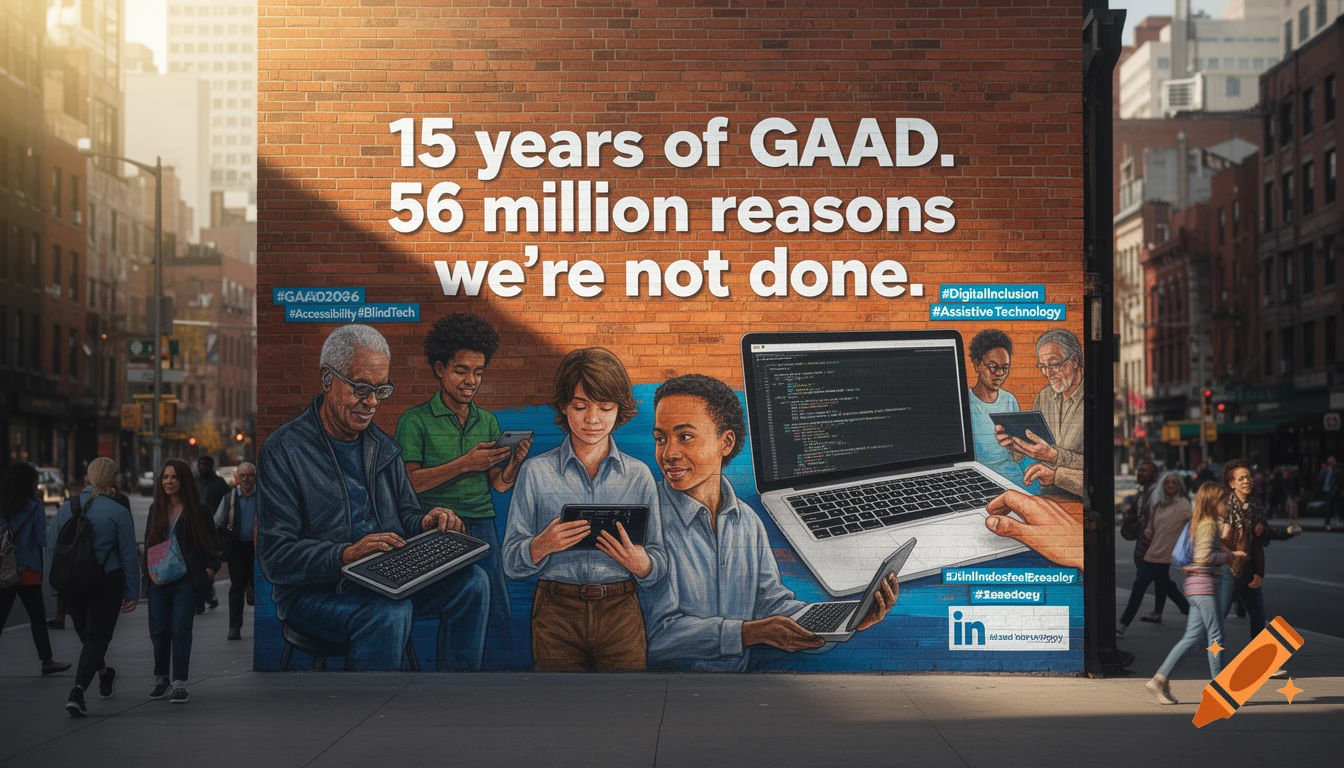 Photorealistic mural on a brick wall in a city street depicts people using digital devices, with text "15 years of GAAD. 56 million reasons we're not done."
