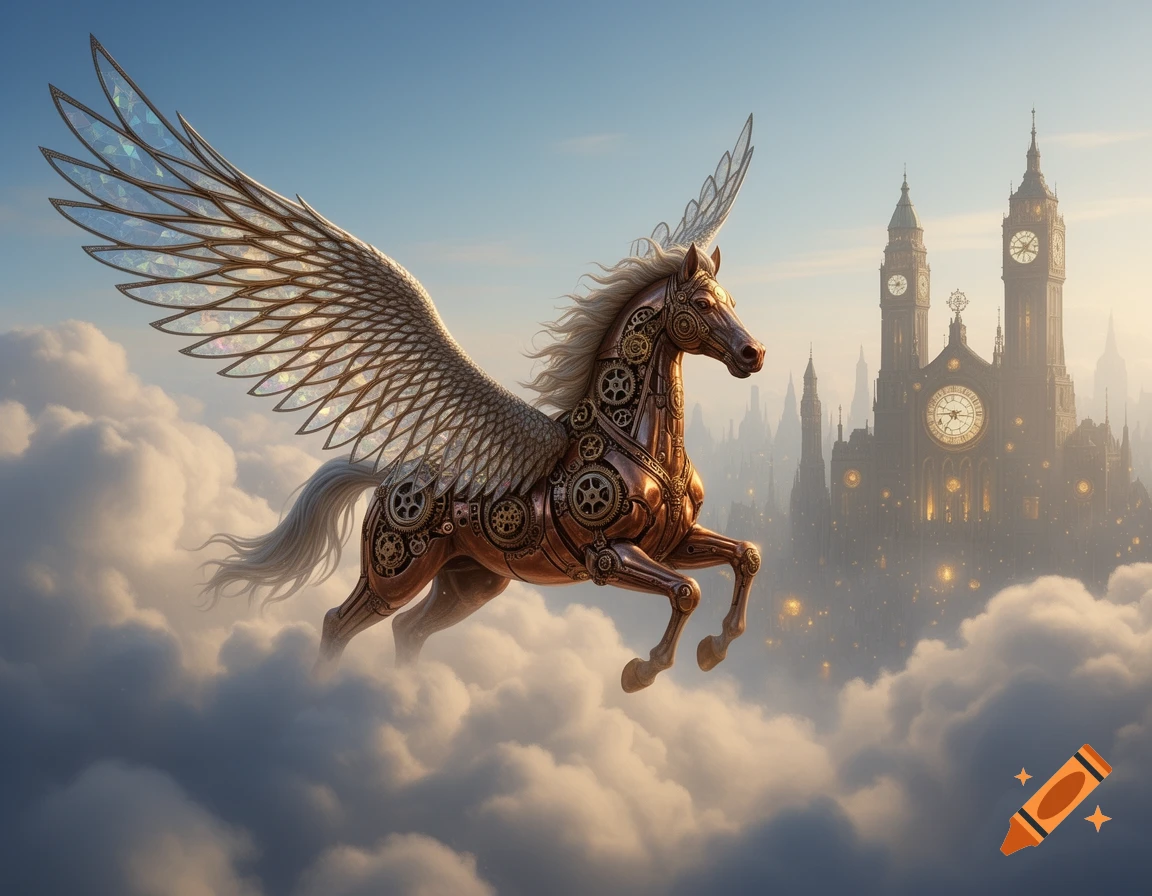A majestic steampunk Pegasus with intricate gears and metal wings flies through clouds above a fantasy city with clock towers.