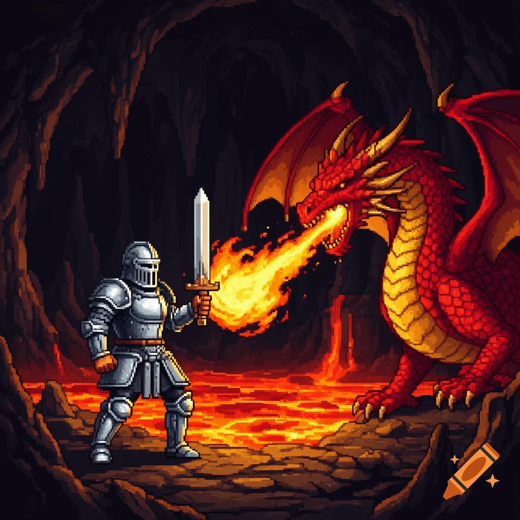A knight in shining armor battles a fire-breathing red dragon in a dark lava cave. Pixel art style.