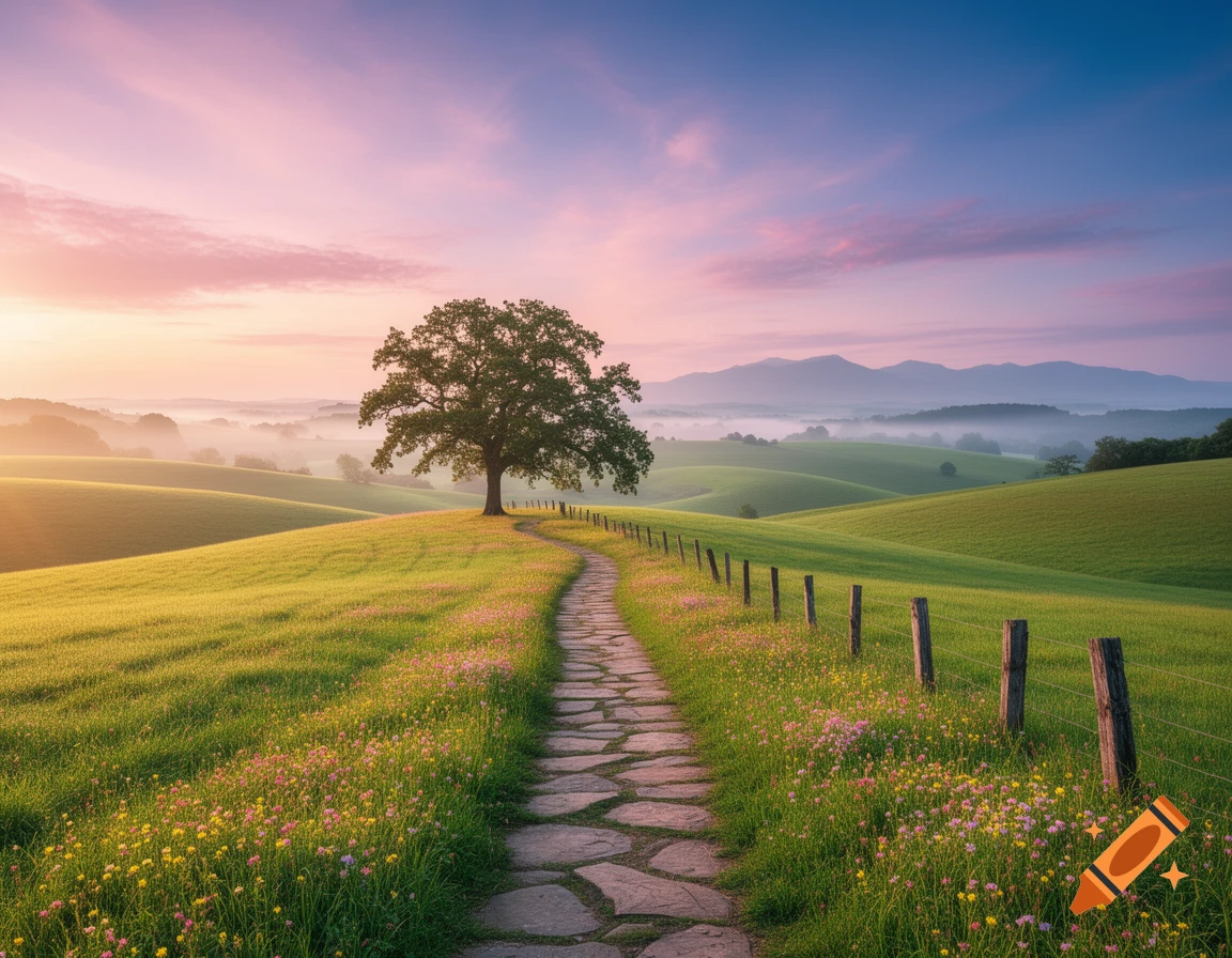 A winding stone path leads through rolling green hills with wildflowers to a solitary tree under a vibrant pink and blue sunrise sky.