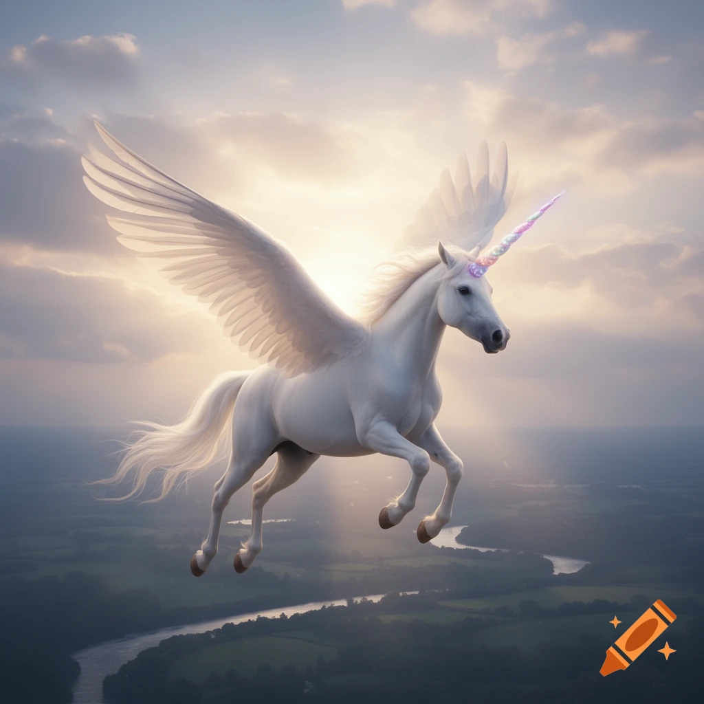 A majestic white winged unicorn with a rainbow horn soars over a green landscape with a river, under a bright, cloudy sky.