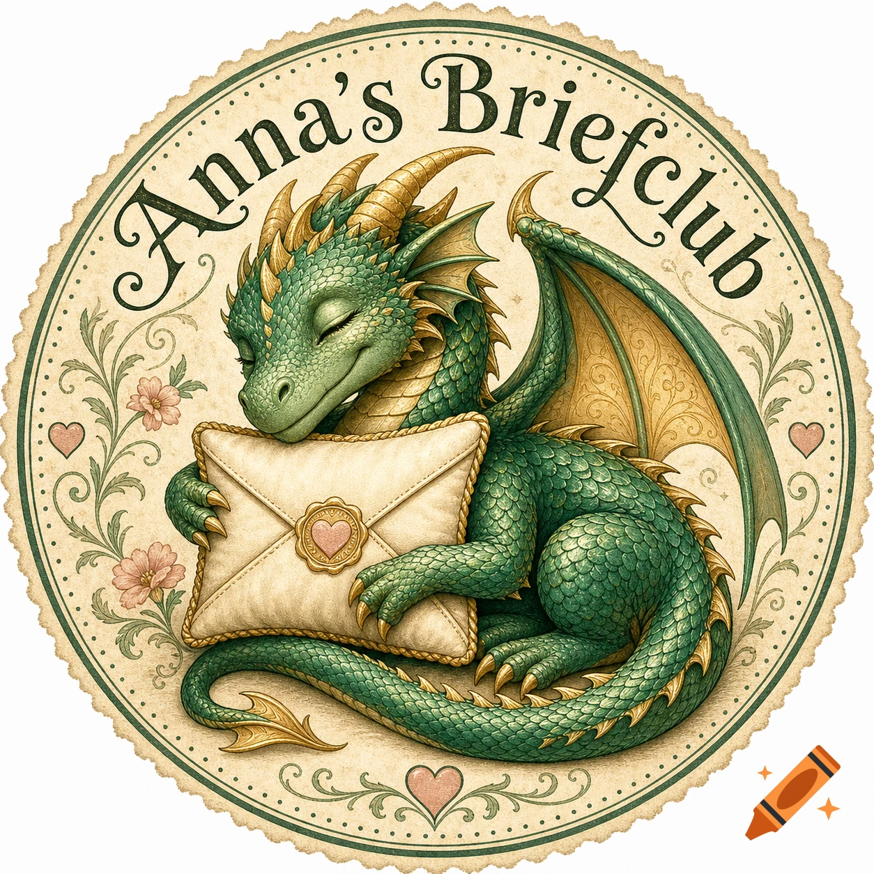 A green dragon with golden horns and wings, hugging a letter-shaped pillow inside a decorative circular logo with 'Anna's Briefclub' text.