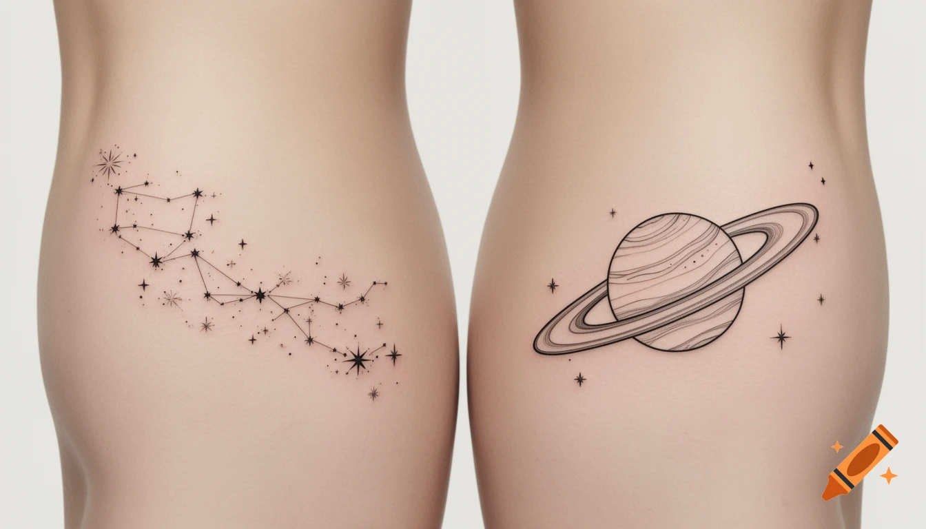Close-up of two bodies with fine line tattoos, a constellation on the left hip and Saturn with rings and stars on the right hip.