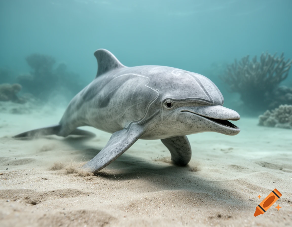 A stylized grey stone dolphin with white markings on its body, in an aggressive pose with an open mouth, lies on a sandy seabed underwater.