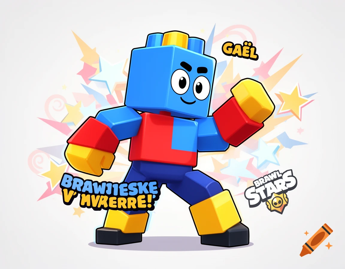 A blocky, blue, red, and yellow cartoon character with a friendly face, in the style of Brawl Stars, with text 'BRAWL STARS' and 'GAËL'.