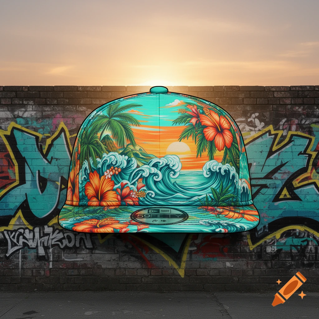 A baseball cap with a vibrant tropical design featuring a sunset, ocean waves, palm trees, and hibiscus flowers, against a graffiti-covered brick wall.