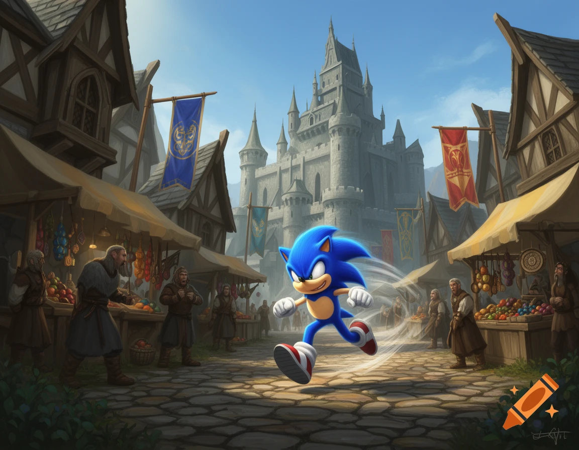 Sonic the Hedgehog runs through a lively medieval market with a large castle looming in the background.