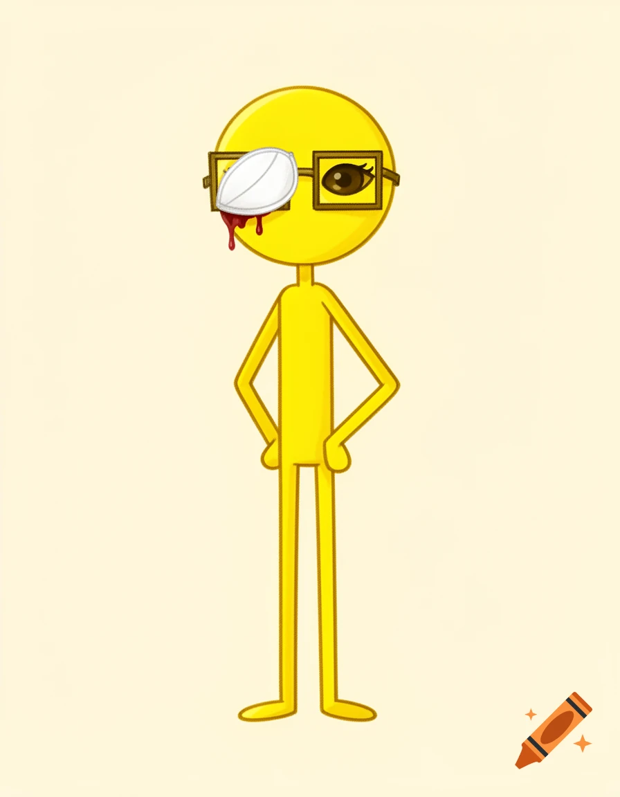A yellow stick figure with square glasses and a white eye patch on its left eye, from which blood drips, in a cartoon style.