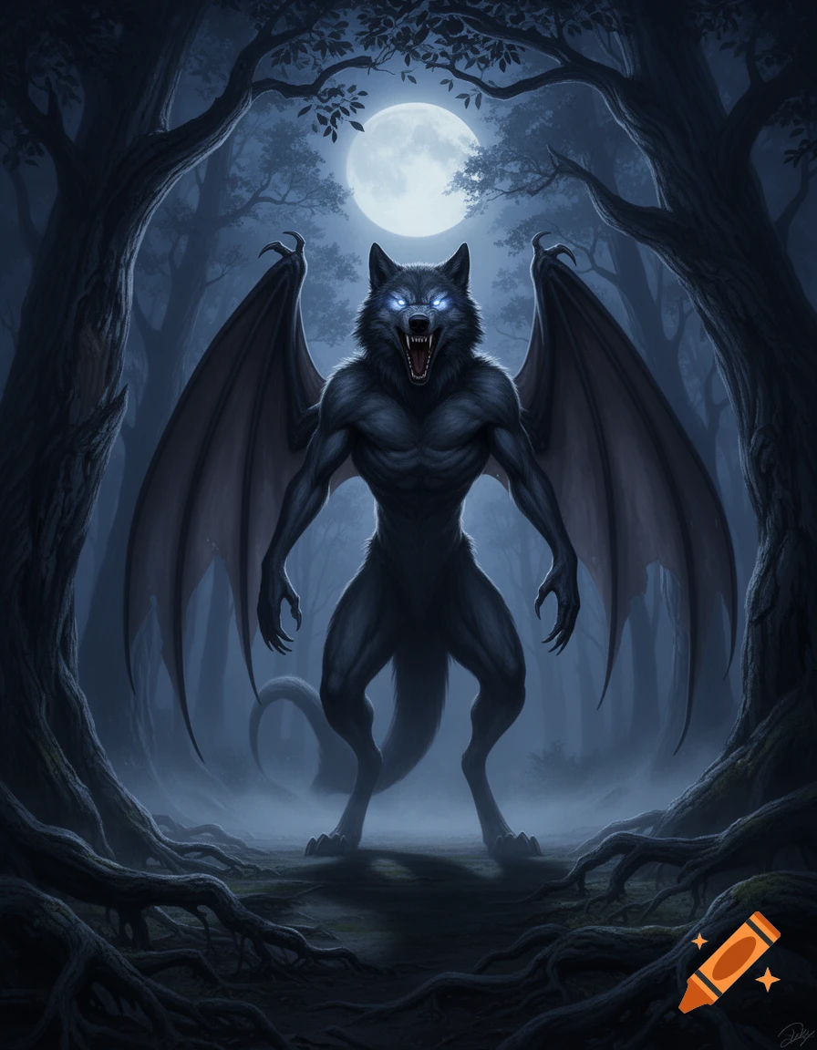 Dark winged wolf-like creature with glowing blue eyes howls in a misty, moonlit forest, digital art.