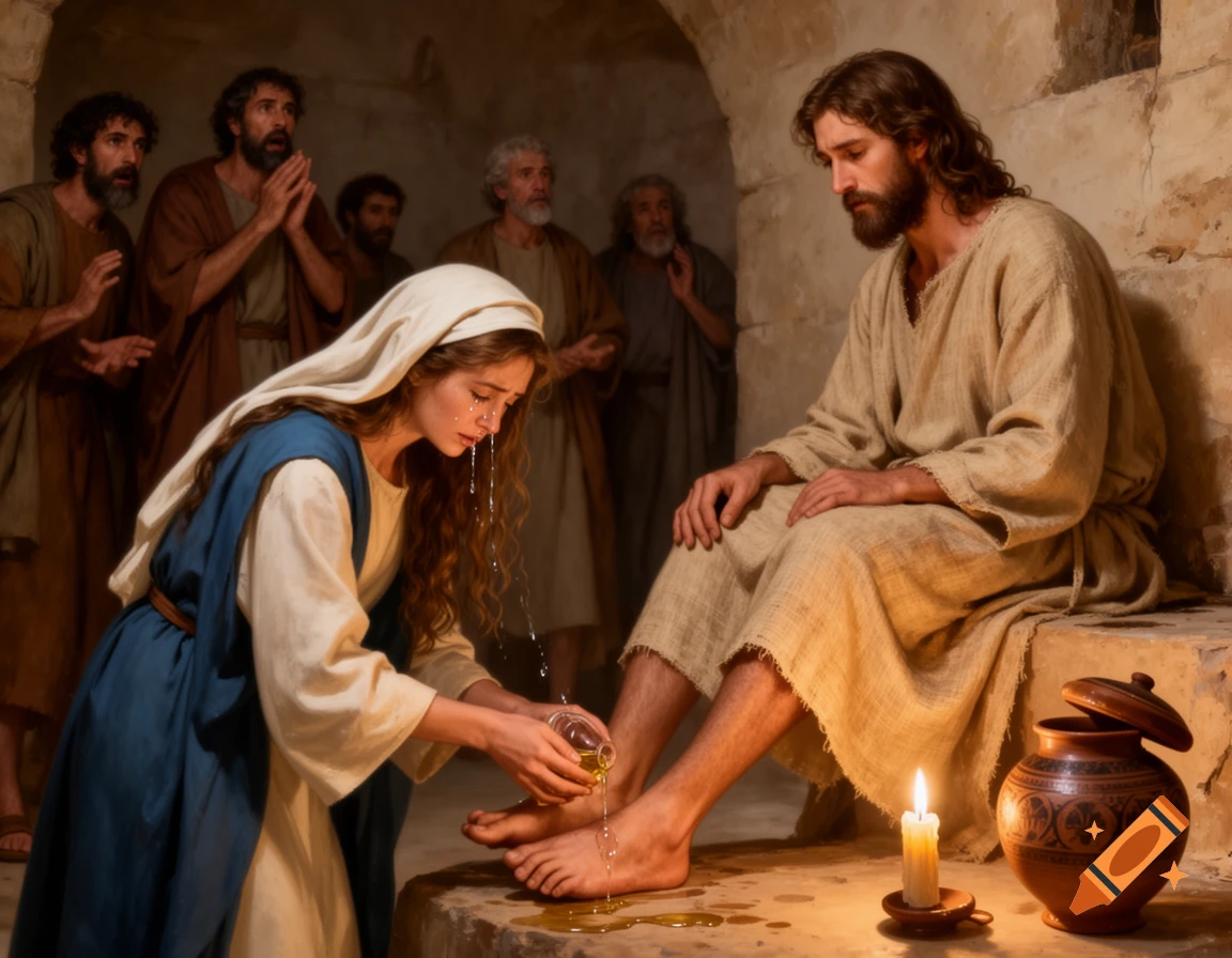 A photorealistic depiction of Mary weeping while anointing Jesus' feet with oil and her hair, as disciples watch in a stone room.