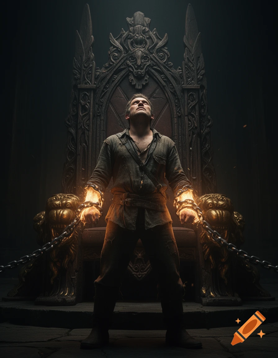 Man with glowing chained wrists stands defiantly before an ornate, dark throne.