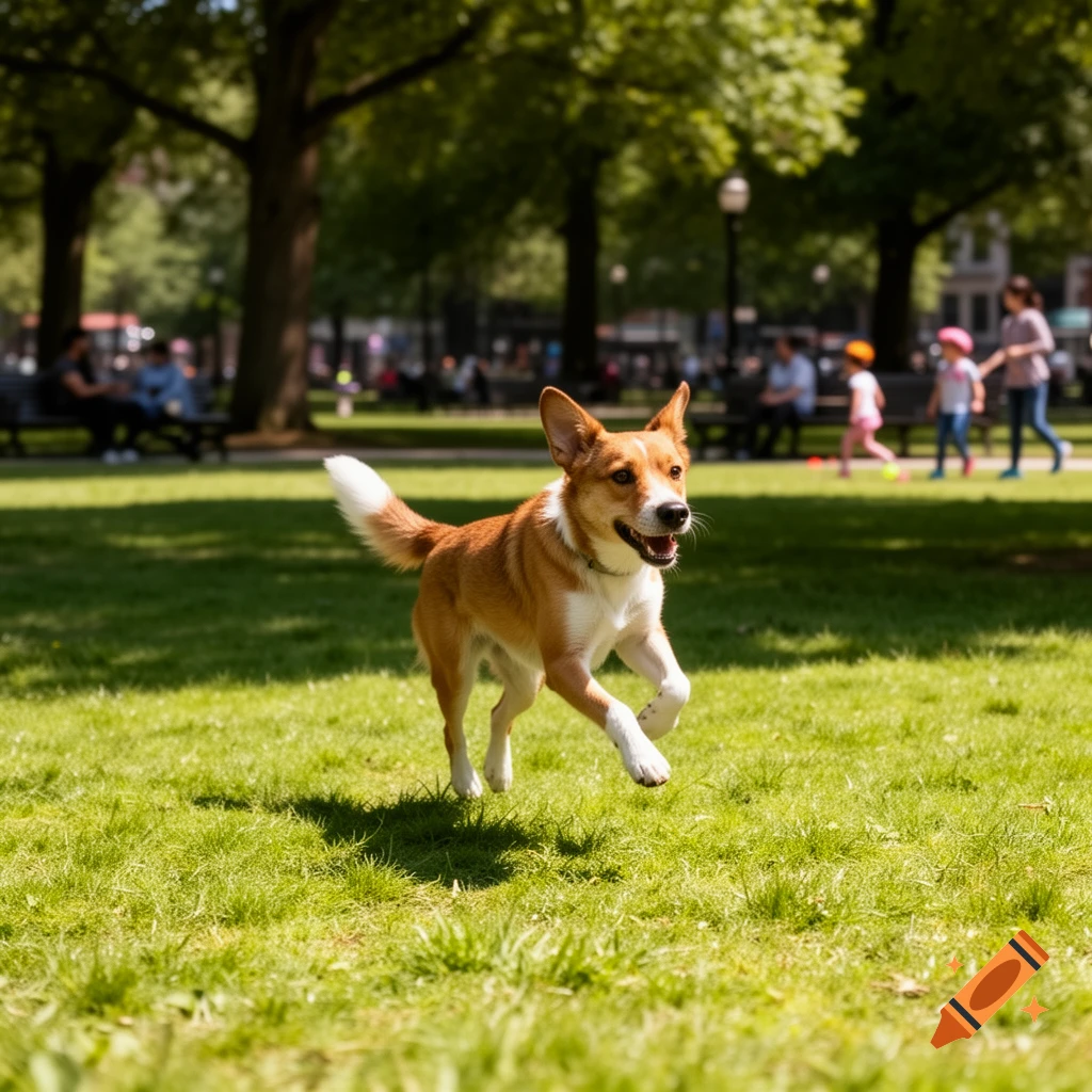 A happy brown and white dog with pointed ears runs across a sunny green park, with trees and blurred people in the background.
