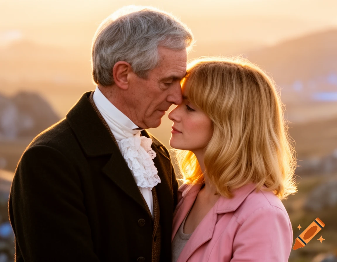 Older man in period attire and younger woman in pink jacket, foreheads touching, silhouetted by a golden sunset.