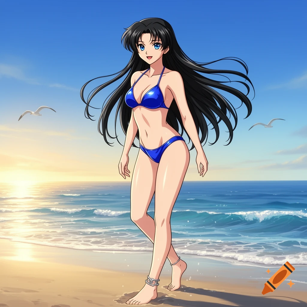An anime girl with long black hair and a blue bikini walks on a sunny beach with seagulls and waves.