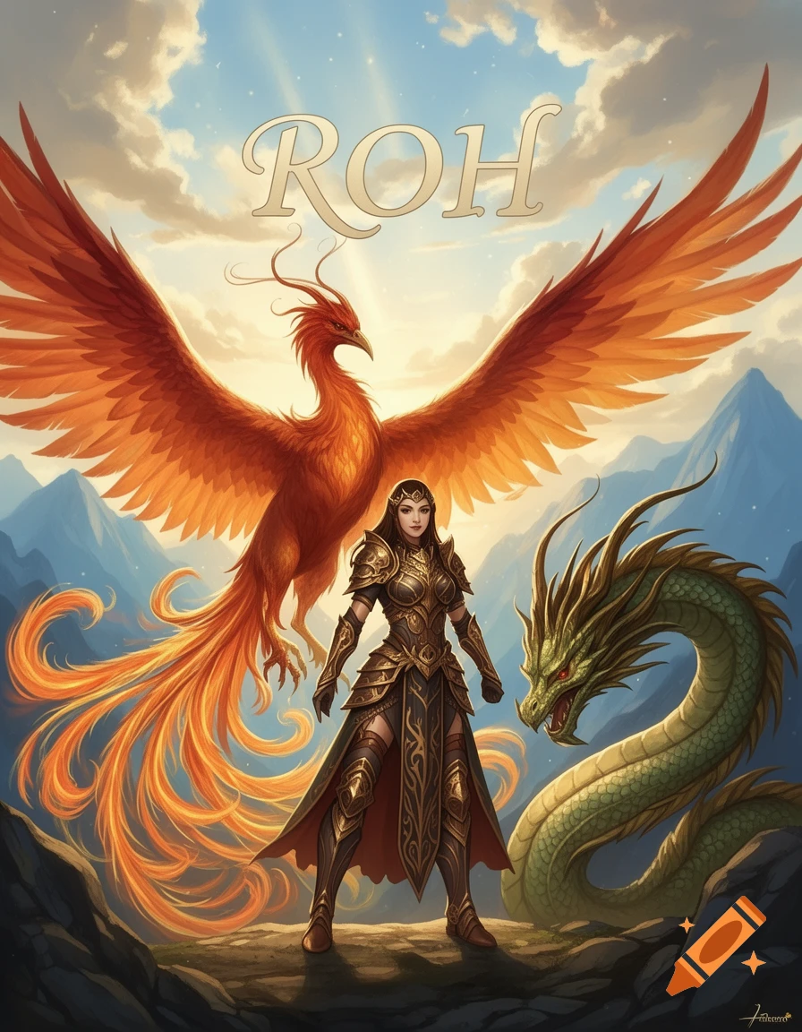 An armored female warrior stands between a red phoenix and a green dragon under a cloudy sky with 'ROH' text above, in an epic fantasy illustration.