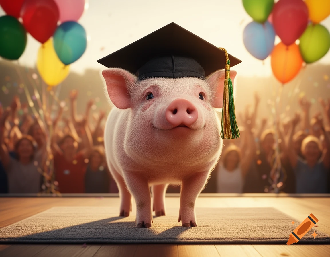 A cute, smiling pig wearing a graduation cap and tassel stands on a stage with colorful balloons and a cheering crowd in the background.