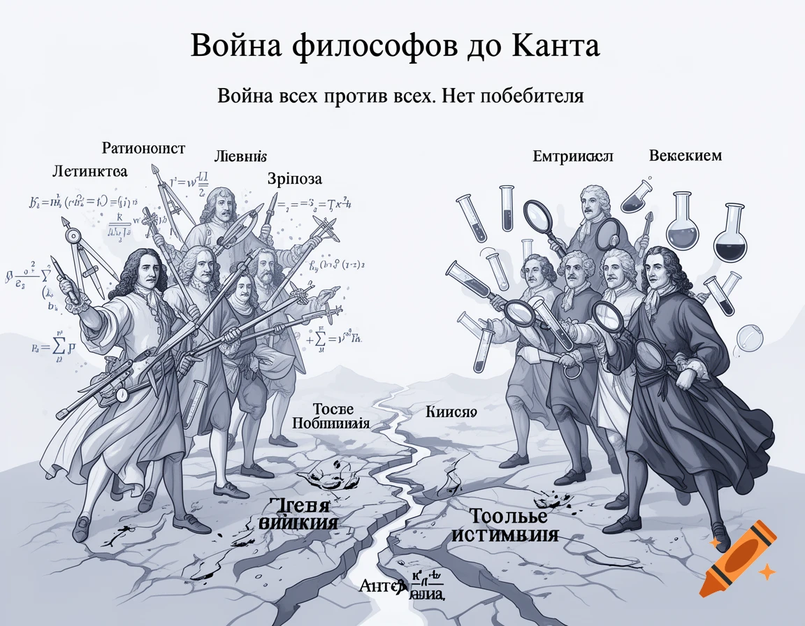 An illustration in black and white depicting a conceptual battle between two armies of Enlightenment-era philosophers, rationalists on the left with compasses and formulas, and empiricists on the right with magnifying glasses and test tubes, with a cracked battlefield between them.