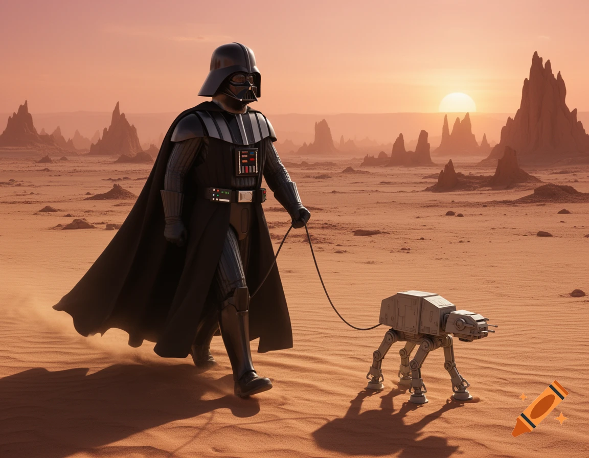 Darth Vader walks a small AT-AT Walker on a leash across a vast desert planet at sunset, in a photorealistic Star Wars style.