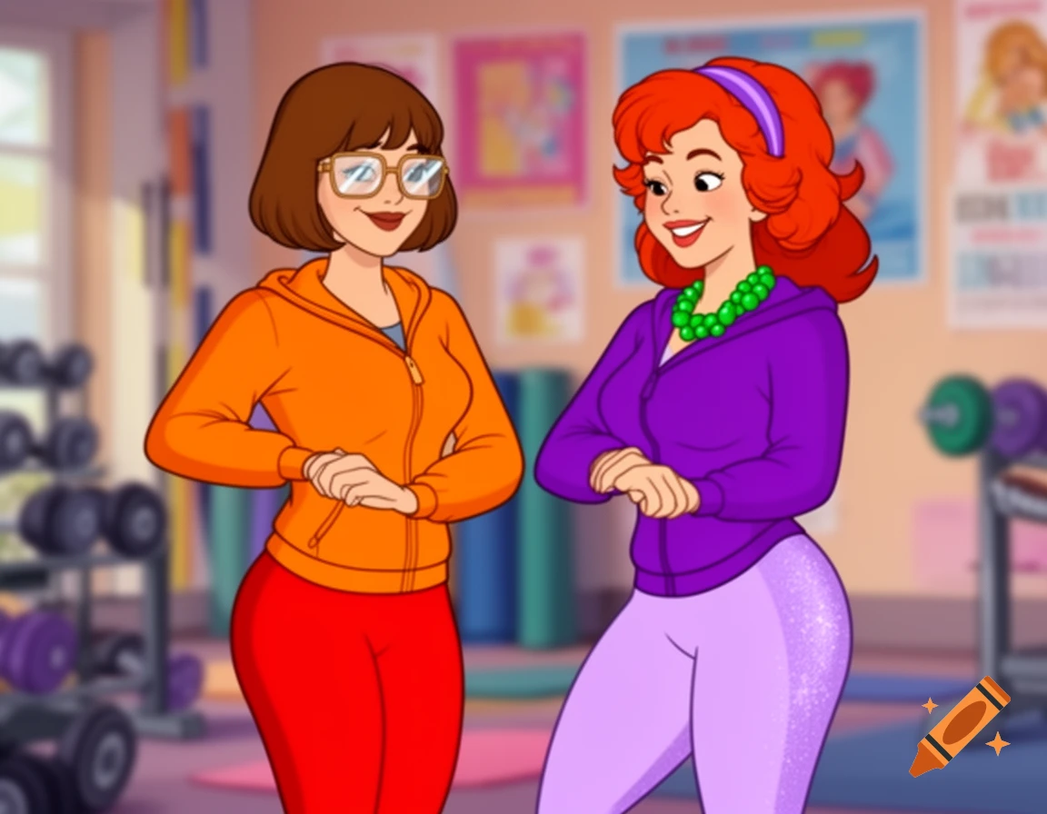 Two cartoon women in activewear, one with brown hair and glasses, the other a redhead, pose in a gym.