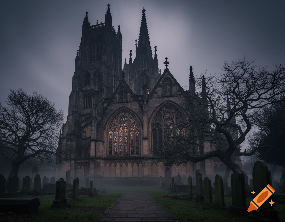 A dark gothic church stands in a misty graveyard with bare, twisted trees under a grey sky. Photorealistic.