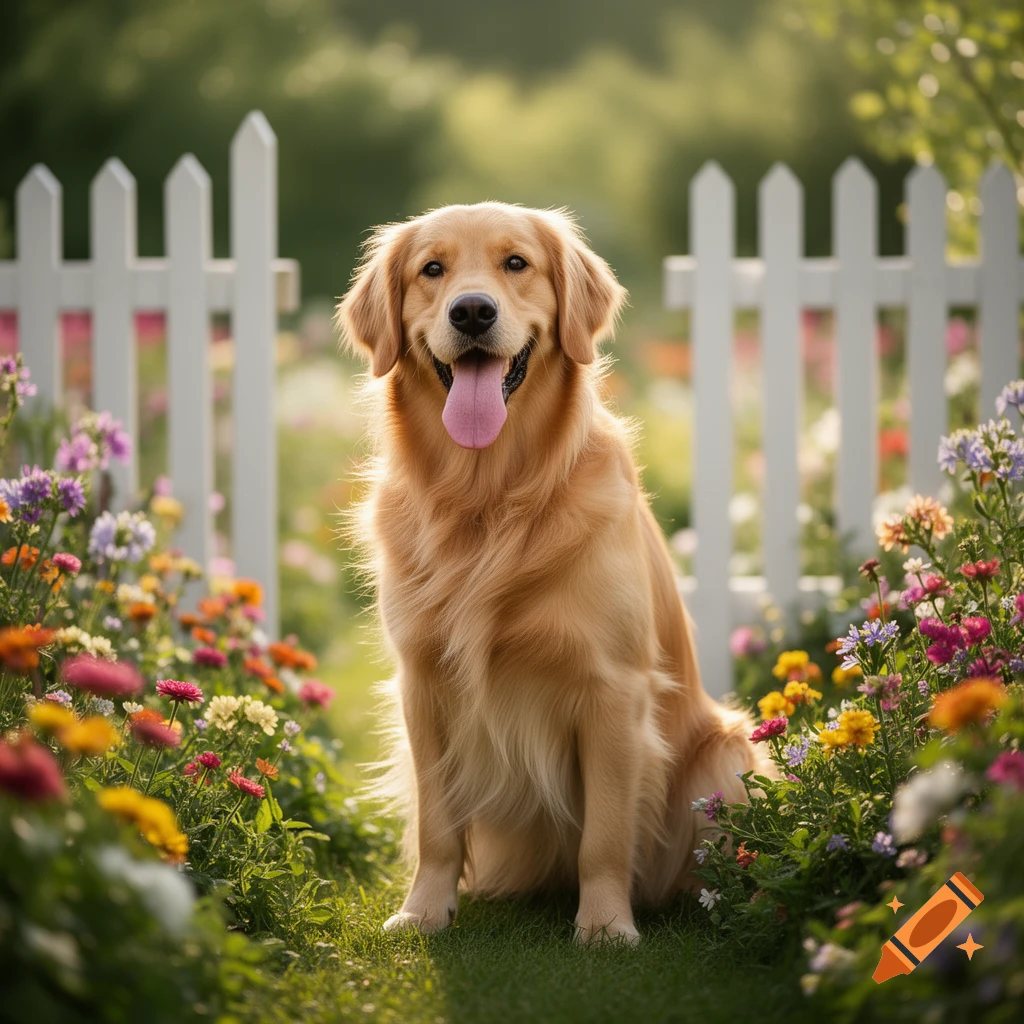 A happy golden retriever sits in a sunny garden filled with colorful flowers, behind a white picket fence, photorealistic style.