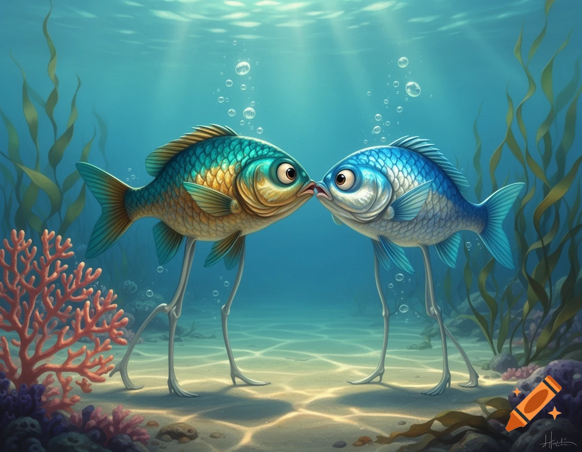 Two cartoonish fish with long legs stand on the seabed, their mouths nearly touching, amidst seaweed and coral in a sunlit underwater scene.