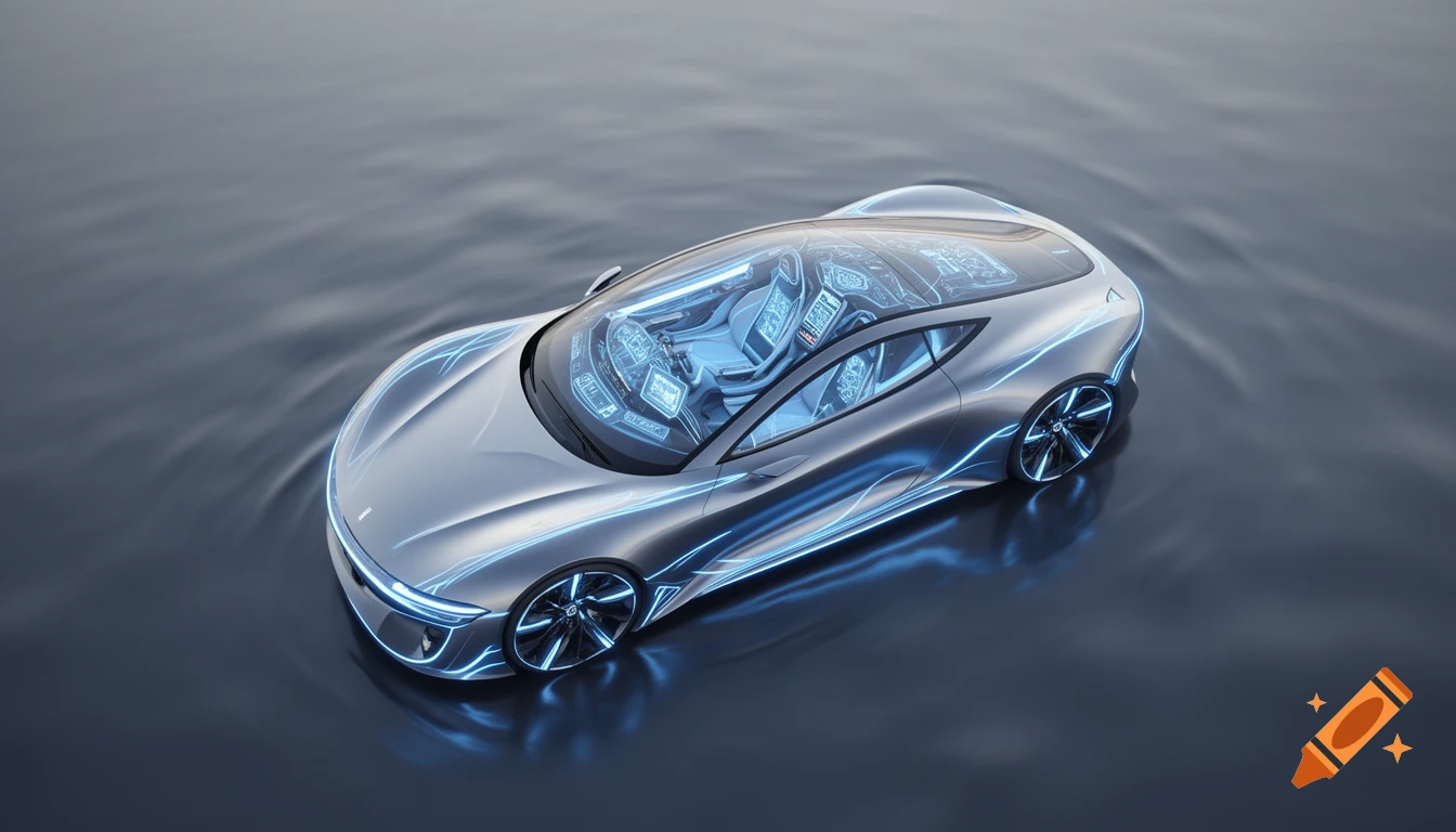 A metallic silver futuristic electric hypercar with a transparent roof and glowing blue accents, floating on dark water.