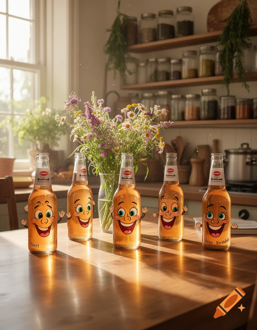 Five cartoon-faced Kannes Brottrunk bottles on a wooden kitchen table, with flowers and kitchen shelves in the background.