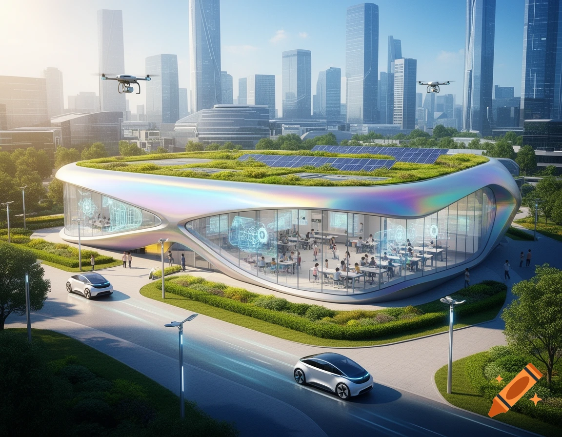 A futuristic school building with a green roof and solar panels, surrounded by trees, sleek cars, and drones in a modern city.